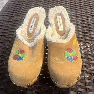Vintage Tommy Girl Suede Clog Wedge Mules Faux Shearling Embroidered Floral 8